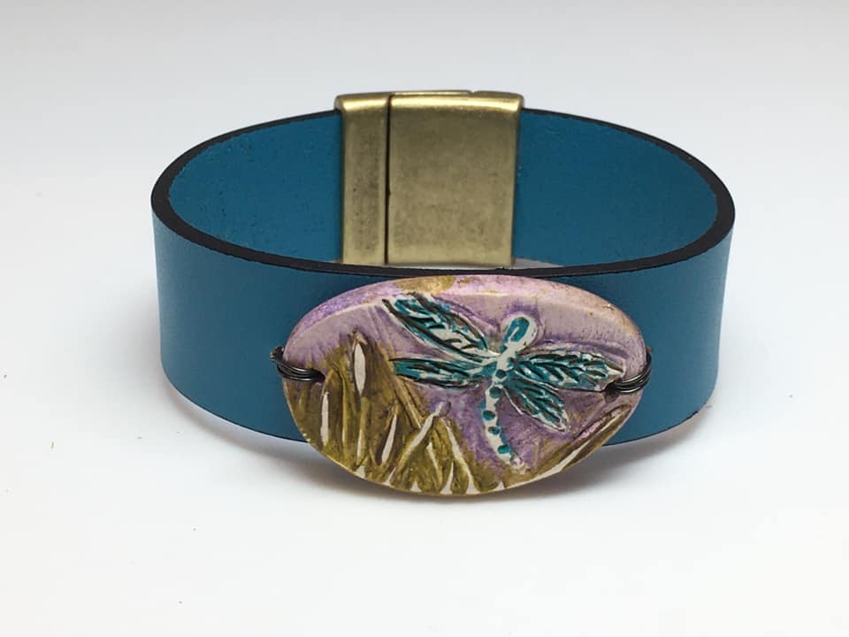 Leather and Dragonfly Polymer Bracelet